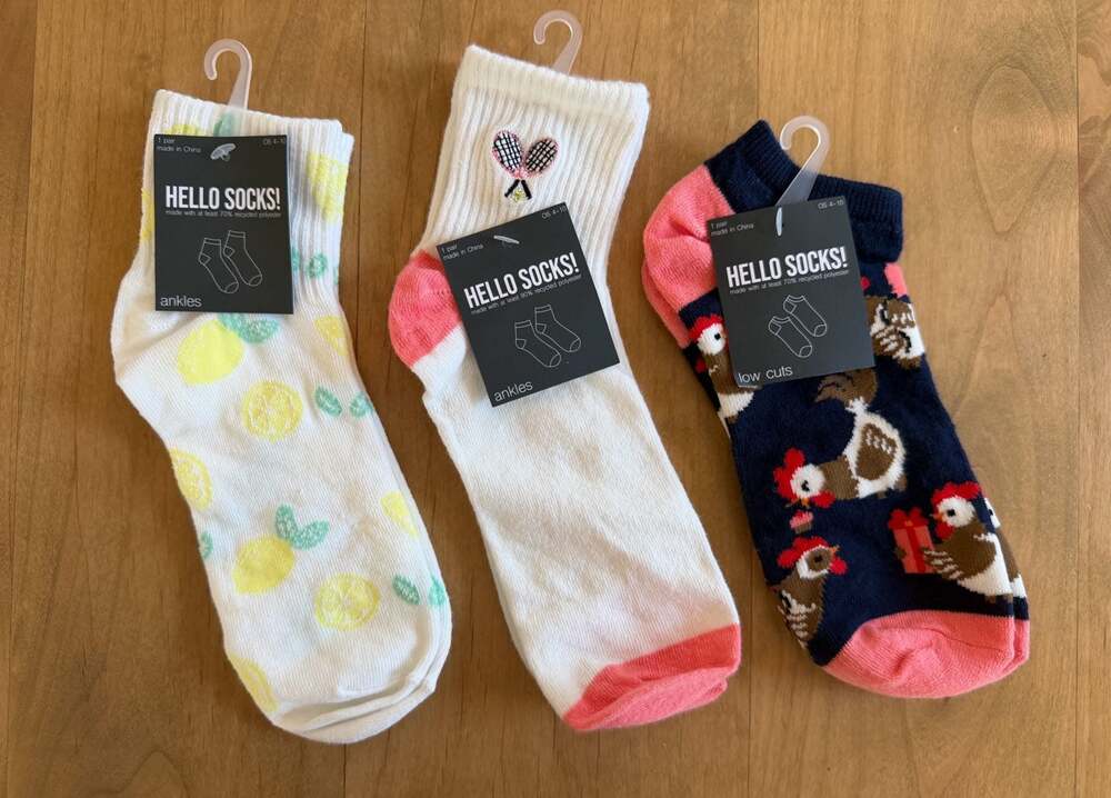 Hello Socks Novelty Ankle Socks 3-Pair Set Lemon Tennis Racket Chicken